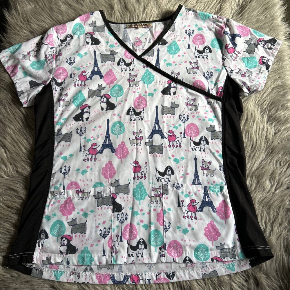 Green Town Scrub Top Womens Size Large Animal Dog‎ Print Short Sleeve Work Shirt
